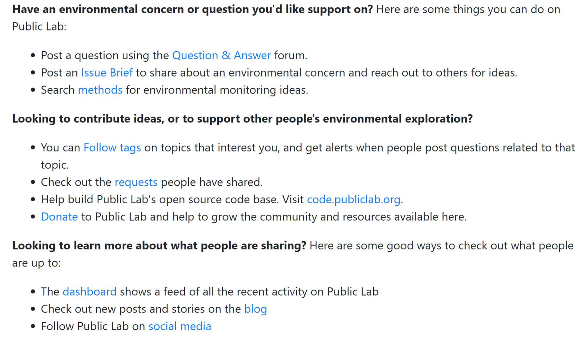 A screenshot of the welcome page of Public Lab, containing suggestions of first steps to take on the platform as a new user. Link in the figure caption.