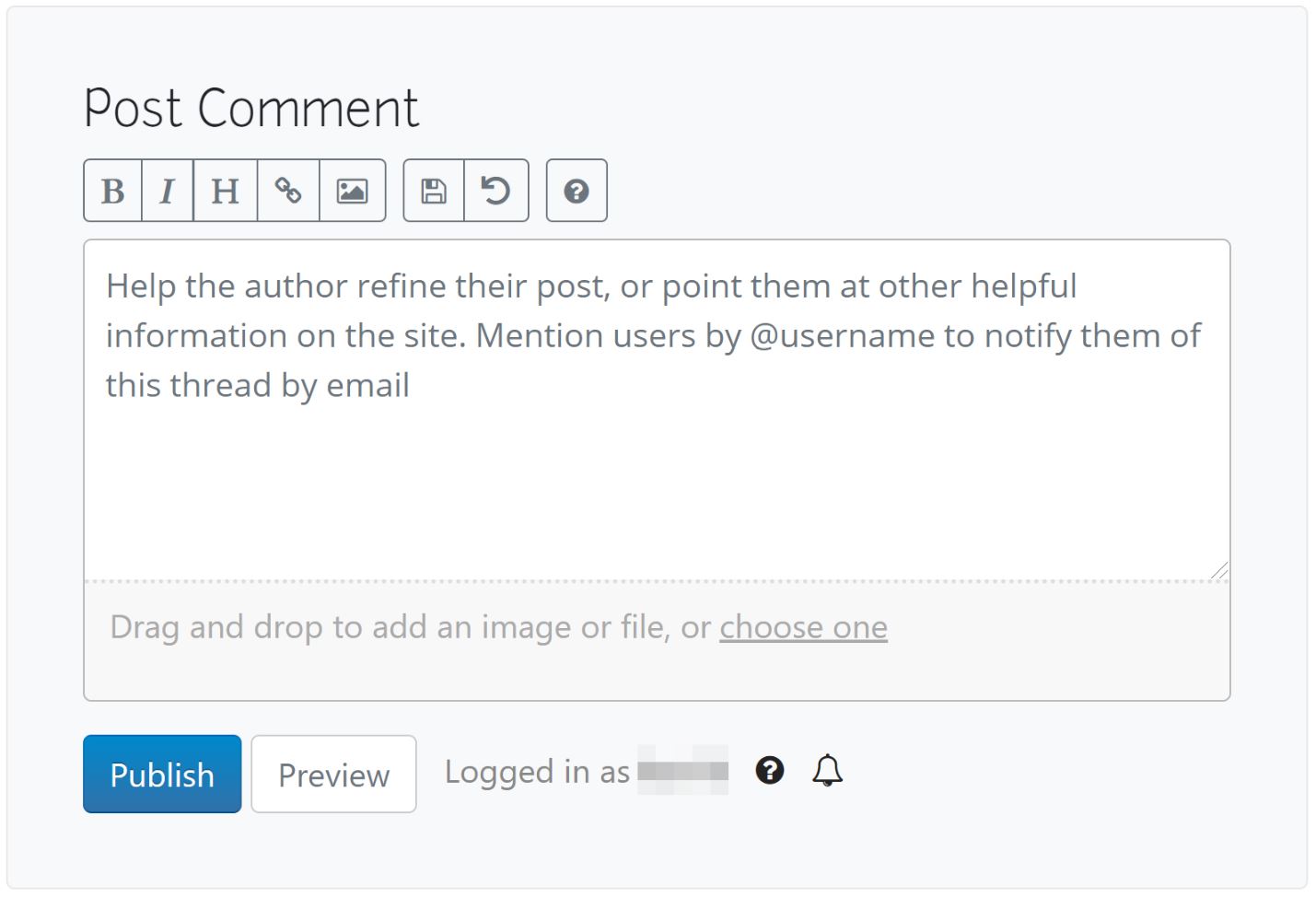 A screenshot of a textbox titled 'post comment', including a default text with the following instructions: 'Help the author refine their post, or point them at other helpful information on the site. Mention users @username to notify them of this thread by email'